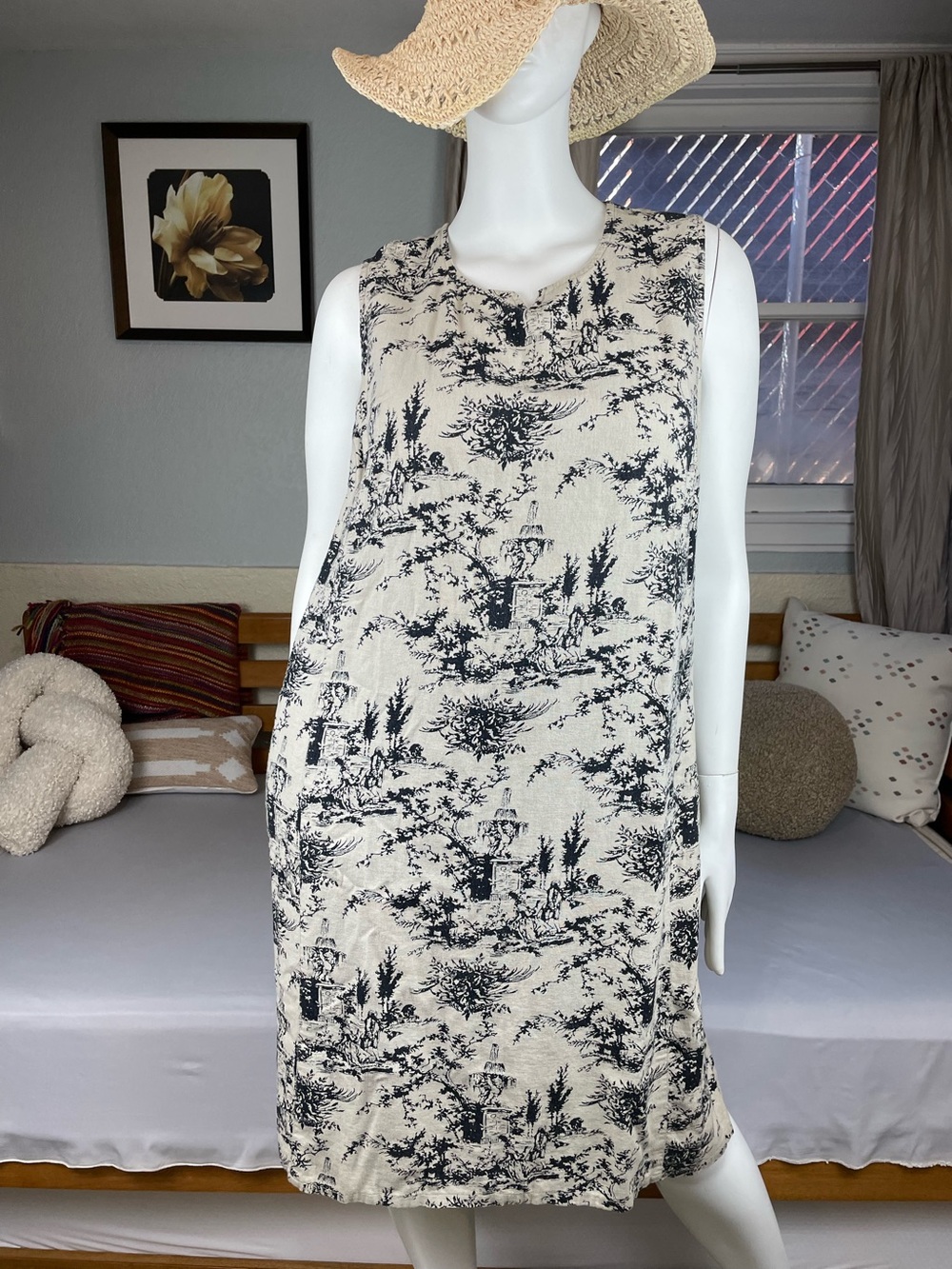 Vintage David Meister Linen Blend Sheath Midi Dress XL Black Cream Toile Print